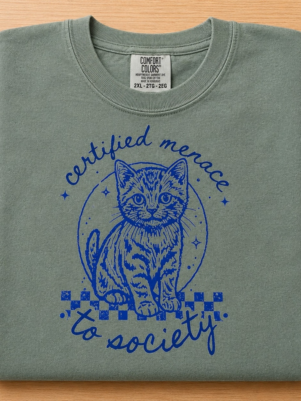 Medium Comfort Colors Sage Green Cat Tee with Blue Graphic
